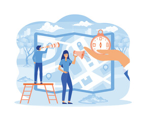 Poster - folded city map. gps navigator. tiny characters orienteering at huge paper map. businessman with com