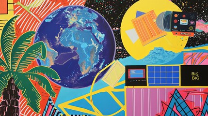 Wall Mural - Cover of a 1980s new wave record called a satellite orbiting the earth and palm trees and a radio wallpaper.