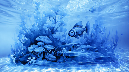 Poster - watercolor underwater world, sea depth landscape, fish and corals illustration of the ocean at the bottom