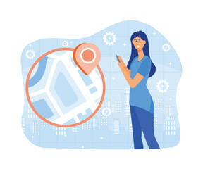 Poster - young female character using a navigational app. map and geo tag. millennials and devices. flat vect