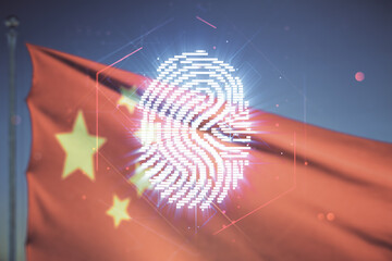 Aufkleber - Multi exposure of virtual graphic fingerprint sketch on Chinese flag and sunset sky background, fingerprint scan data concept