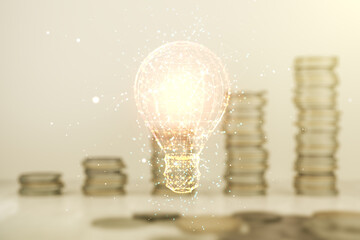 Aufkleber - Abstract virtual light bulb illustration on coins background, future technology concept. Multiexposure