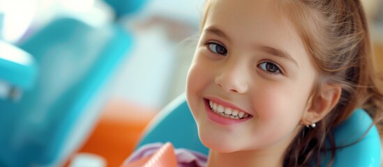 Sticker - Smiling little girl with perfect smile learning dental care in clinic