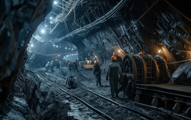 Workers in protective gear at a dark, moody coal mine, illuminated by heavy machinery lights.