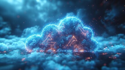 Fototapete - An abstract polygonal wireframe cloud storage icon on dark blue background. Cloud computing, big data centers, future infrastructure, and artificial intelligence concepts. A virtual hosting icon.
