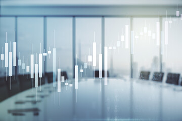 Poster - Multi exposure of virtual abstract financial diagram on a modern furnished office interior background, banking and accounting concept