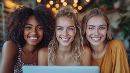 Poster - The smiling faces of multiethnic business women working together in the corporate office on a laptop.