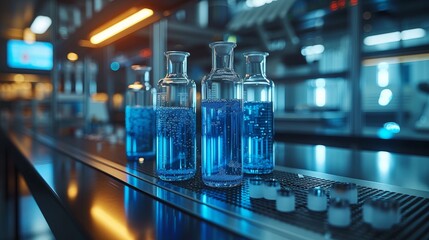 Poster - In this modern medical research laboratory, two scientists work together analyzing chemicals in laboratory flasks and discussing the problem. This is an advanced scientific lab for medicine,