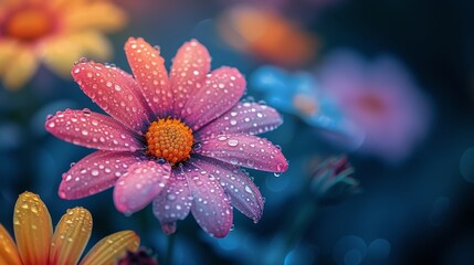Poster - the wildflowers and dew drops are beautiful at dawn. the background is a light blur, and the main su