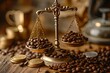 Visually stunning image portraying the concept of fairness in the coffee industry. coffee beans, golden-hued background that exudes warmth. Ornate scale of justice at the center.