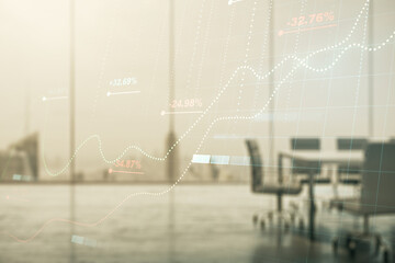 Poster - Abstract virtual analytics data spreadsheet on a modern coworking room background, analytics and analysis concept. Multiexposure