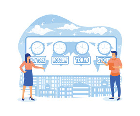 Poster - time zones in world. tiny people business worldwide. flat vector modern illustration
