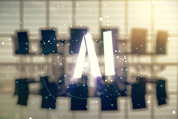 Poster - Abstract virtual artificial Intelligence symbol hologram on a modern conference room background. Multiexposure