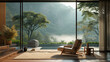 Serene living room with a single, elegant chair facing a vast window overlooking nature's beauty. 