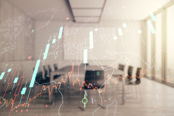 Poster - Multi exposure of virtual abstract financial chart hologram and world map on a modern meeting room background, research and analytics concept
