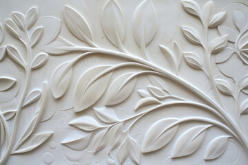 Poster - White plaster wall texture with floral ornament. Background image. Created with Generative AI technology