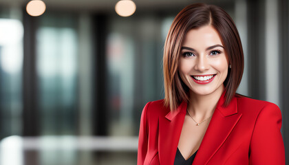 Wall Mural - close up image of business woman wearing a red suit and smiling beautiful.