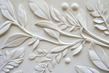 Poster - White plaster wall texture with floral ornament. Background image. Created with Generative AI technology