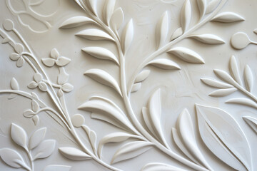 Poster - White plaster wall texture with floral ornament. Background image. Created with Generative AI technology