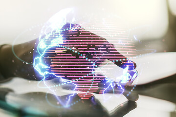 Poster - Double exposure of abstract digital world map with connections and hand working with a digital tablet on background, big data and blockchain concept