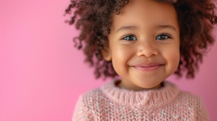 Wall Mural - In a softly lit studio, a cheerful toddler looks directly at the camera with a smile.