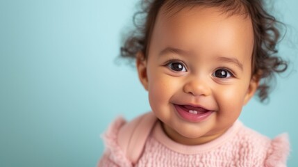 Wall Mural - Cute kid smiling brightly in studio lighting.