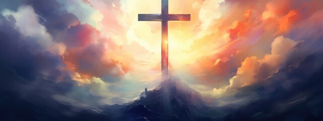 Heavenly Radiance: The Cross Stands Aglow Amidst a Surreal Sunset - Generative AI