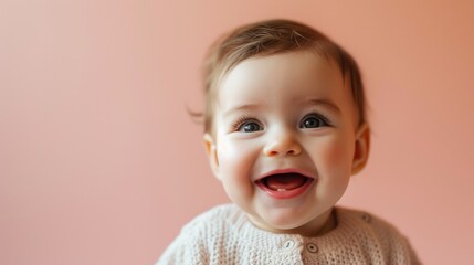 Wall Mural - Joyful toddler with a radiant smile in pastel light.