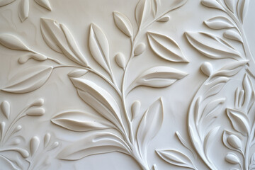 Poster - White plaster wall texture with floral ornament. Background image. Created with Generative AI technology