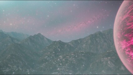 Wall Mural - illustration of outer space mountains landscape in the fog