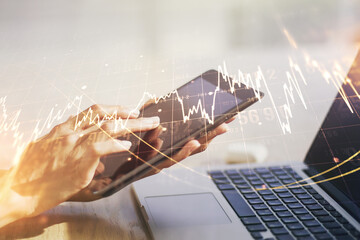 Poster - Double exposure of abstract creative financial chart with finger clicks on a digital tablet on background, research and strategy concept
