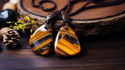 Enchanting tiger eye stone amulet with mystical powers on rustic wooden background