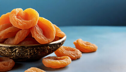 Wall Mural - Tasty dried apricots on blue background with copy space