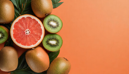 Wall Mural - Top view of tasty ripe kiwi and grapefruit on orange background with copy space