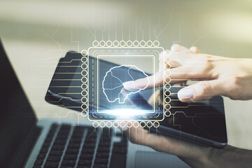 Poster - Creative artificial Intelligence concept with human brain sketch and finger presses on a digital tablet on background. Double exposure
