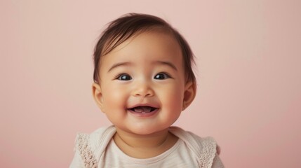 Wall Mural - A happy Asian toddler smiles at the camera in a soft studio setting.