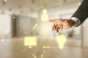 Aufkleber - Man hand clicks on abstract virtual social network hologram on blurred office background. Double exposure