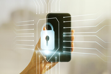 Poster - Creative lock illustration with microcircuit and hand with mobile phone on background, cyber security concept. Multiexposure