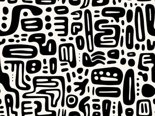 perfectly seamless pattern, vector repeated abstract african texture. tribal shapes background, blac