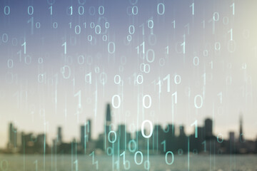 Aufkleber - Abstract virtual binary code illustration on blurry skyline background. Big data and coding concept. Multiexposure