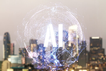 Poster - Creative artificial Intelligence symbol hologram on blurry skyscrapers background. Double exposure