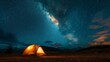 Night landscape with dark skies and stars, the milky way across the entire sky, a small illuminated tent on the ground,