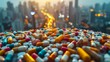 Pills and capsules on city background. Big Pharma illustration. Urban theme in pharmaceutical industry

