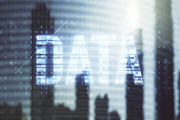 Poster - Virtual Data word sign hologram on office buildings background. Multiexposure