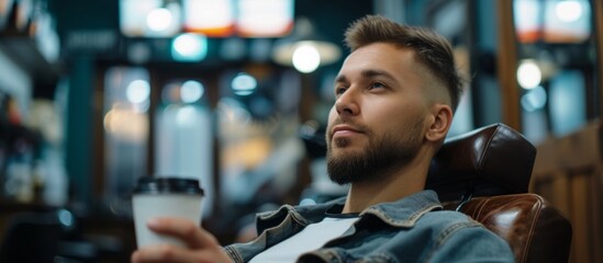 Canvas Print - Attractive guy in a barbershop awaits the barber, sipping coffee in the waiting area.