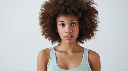 Canvas Print - young woman with shoulder-length wavy hair and a gentle smile is wearing a tank top, posing against a plain light background