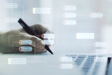 Poster - Double exposure of abstract creative programming illustration and hand writing in notepad on background with laptop, big data and blockchain concept