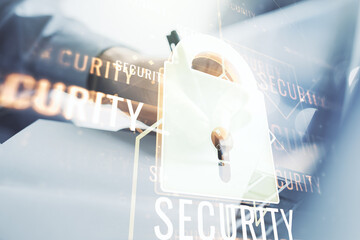 Poster - Creative idea concept with lock symbol and microcircuit illustration and hand writing in notebook on background with laptop. Protection and firewall concept. Multiexposure