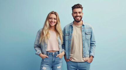 Canvas Print - happy young couple dressed in denim, the woman with long blonde hair and the man with a beard, both smiling and standing against a light blue background