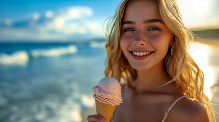 Wall Mural - Beautiful smiling young woman eating an ice cream on a beach with the sea in the background